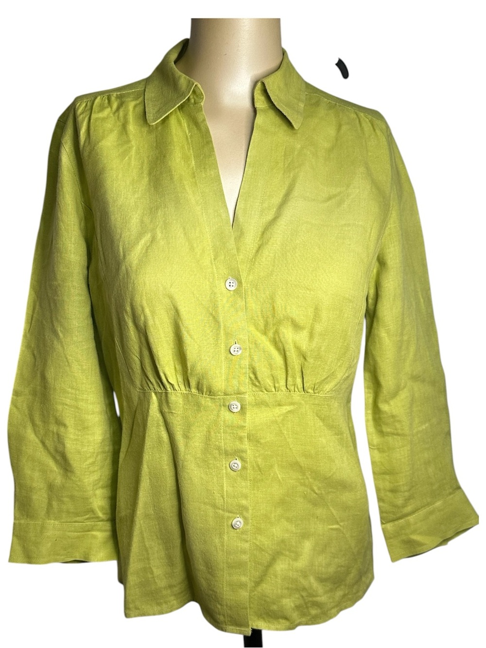 Talbots Pure Irish Linen Lime Green 3/4 Sleeve Button Front Blouse Size 6